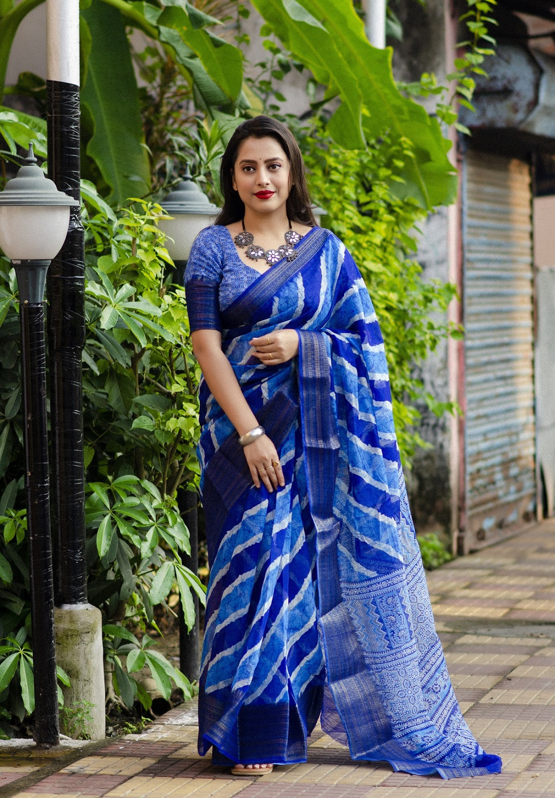 Cotton Lehriya Printed Saree - Blue