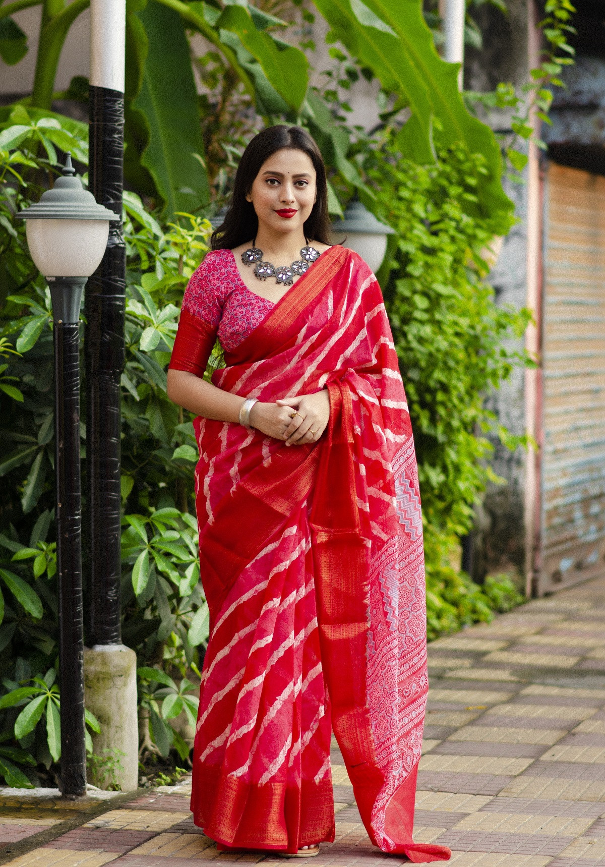 Cotton Lehriya Printed Saree - Pink
