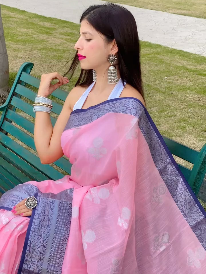 Pure Linen Zari woven saree with Contrast Border & Pallu - Pink