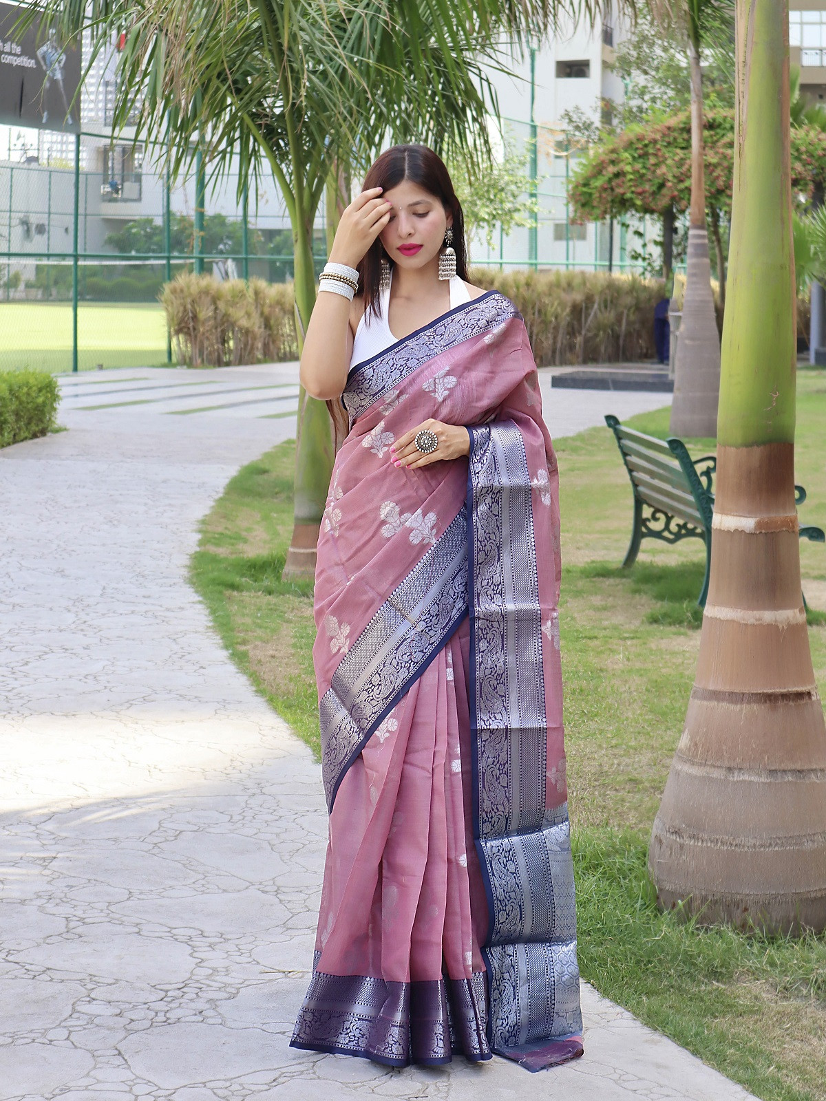 Pure Linen Zari woven saree with Contrast Border & Pallu -purple