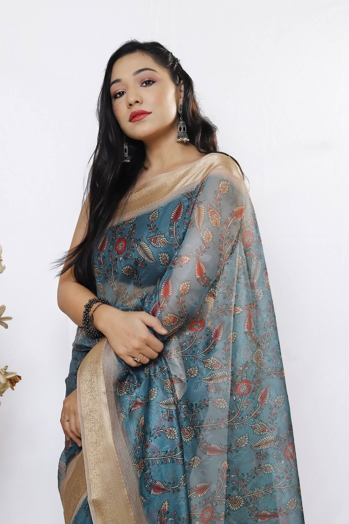 Organza kalamkari printed saree with jacquard weaving border - Blue