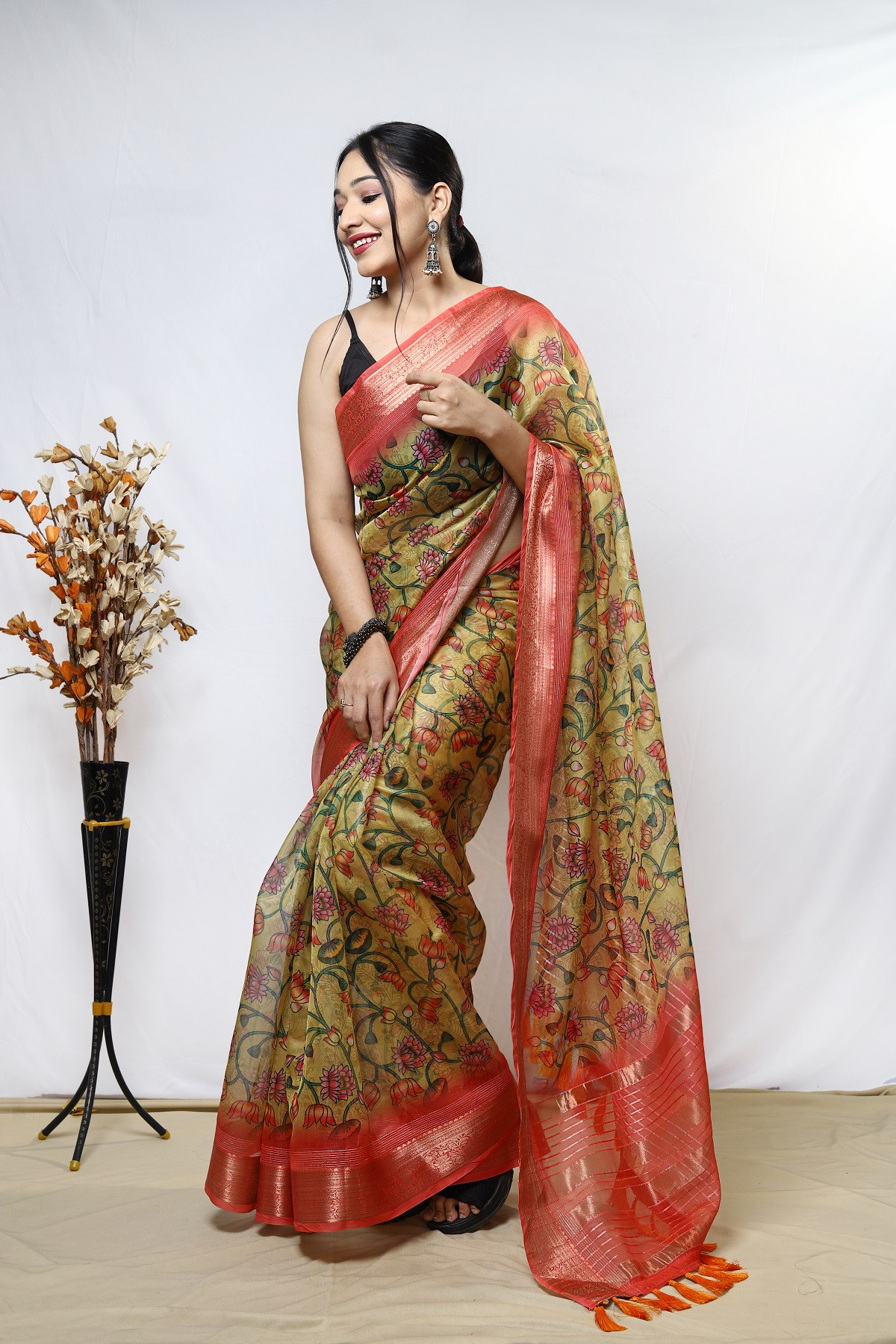 Organza kalamkari printed saree with jacquard weaving border - Yellow