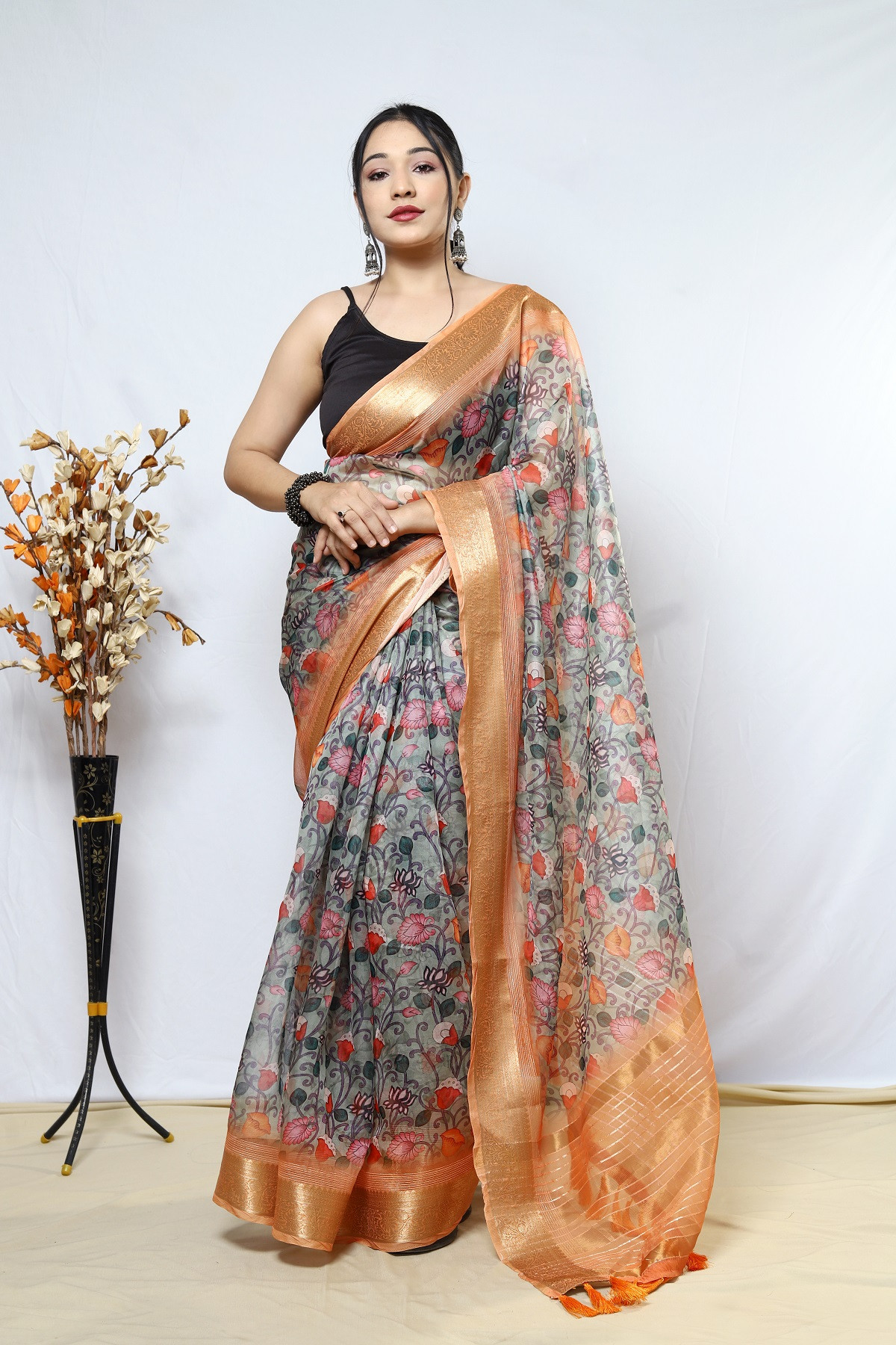 Organza kalamkari printed saree with weaving border -Multi Colour