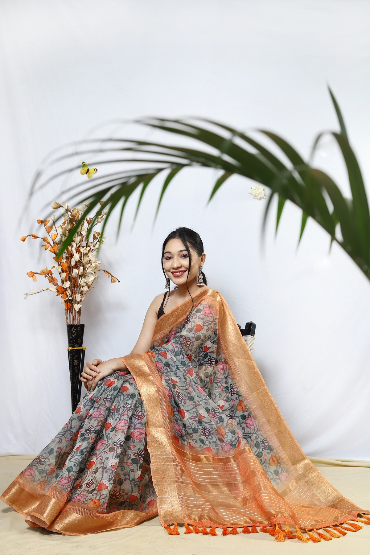 Organza kalamkari printed saree with weaving border -Multi Colour