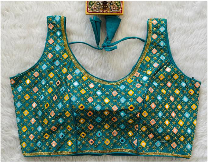 Embroidered Phantom Silk Designer Blouse - Rama Green(XS)