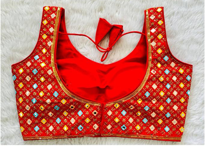 Embroidered Phantom Silk Designer Blouse - Red(XS)