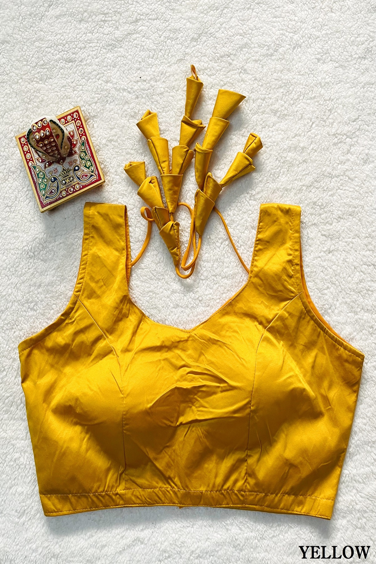Malai Satin Ready Made Padded Blouse - Yellow