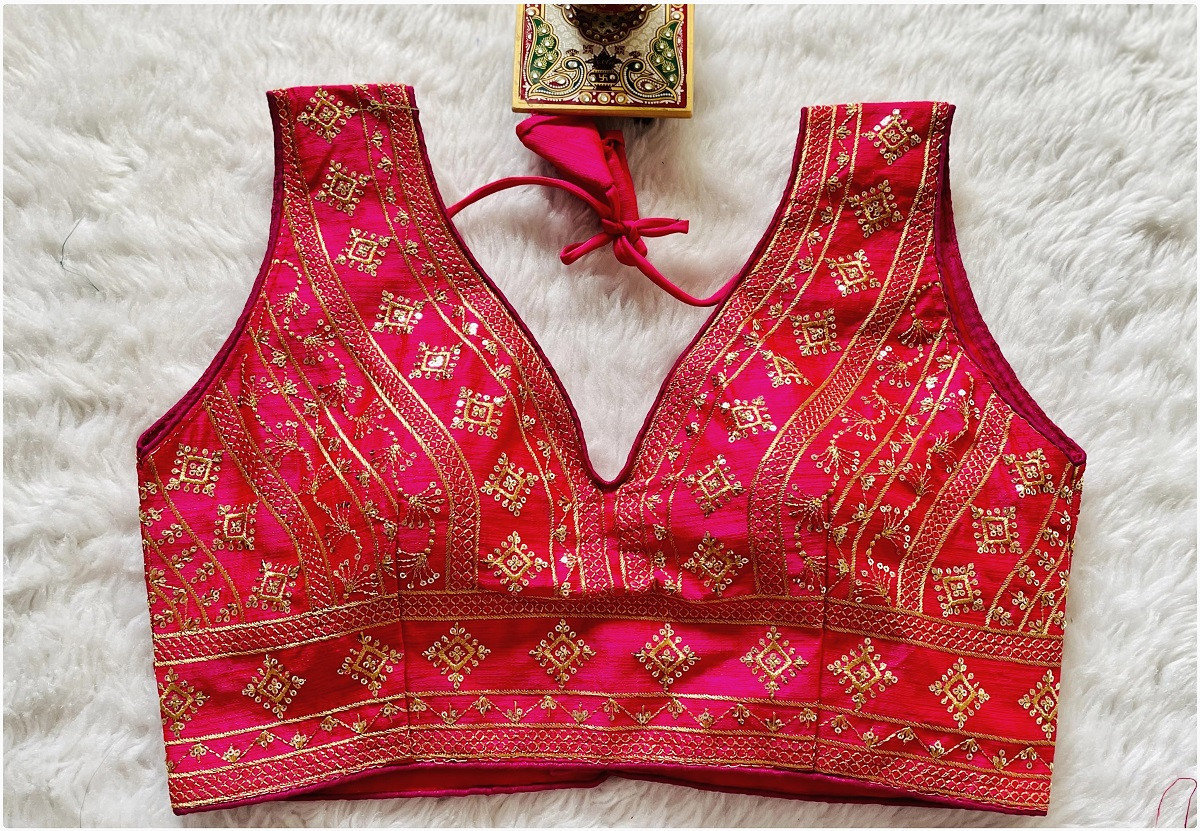 Embroidered Phantom Silk Designer Blouse - Pink