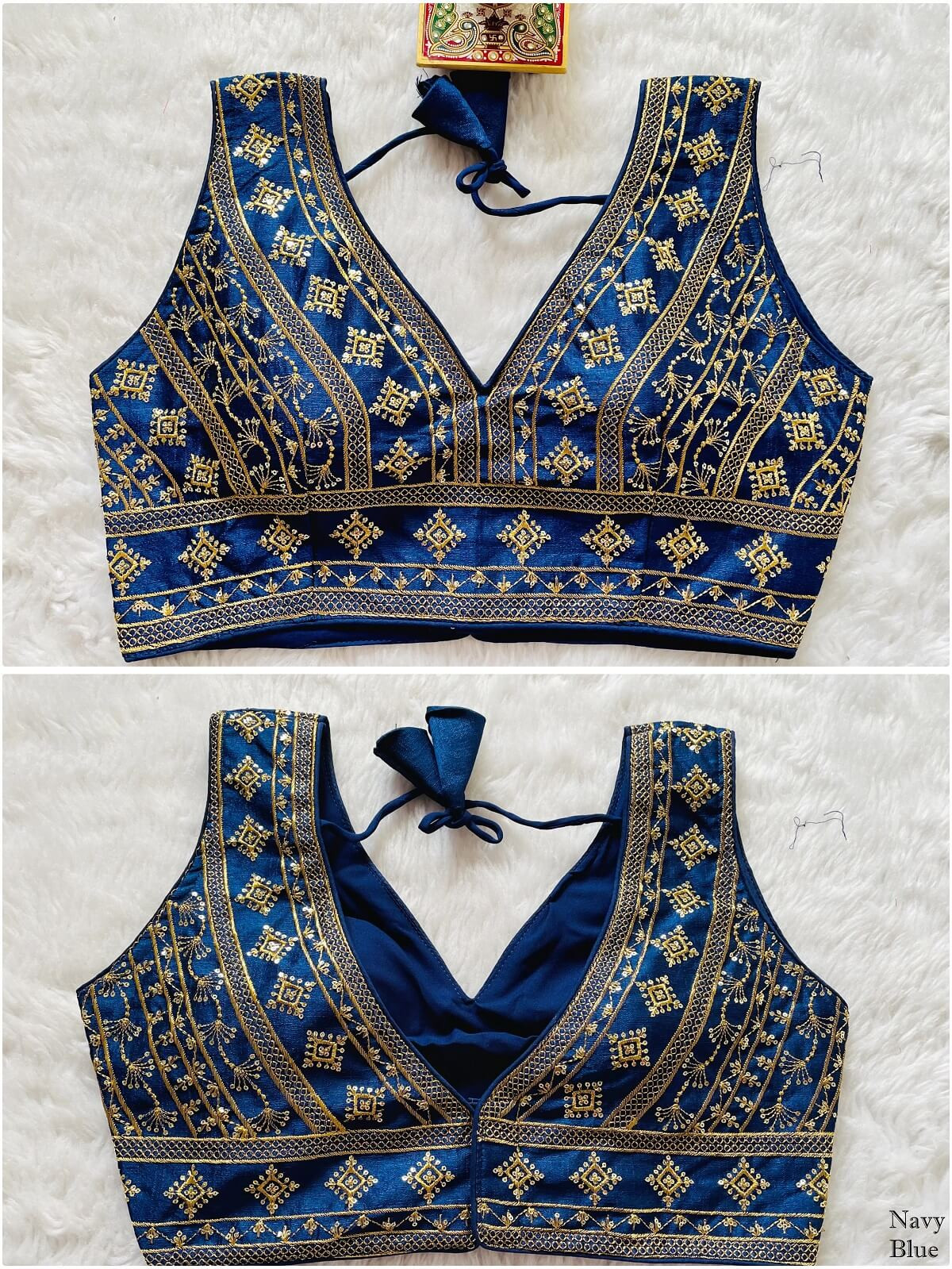 Embroidered Phantom Silk Designer Blouse - Navy Blue