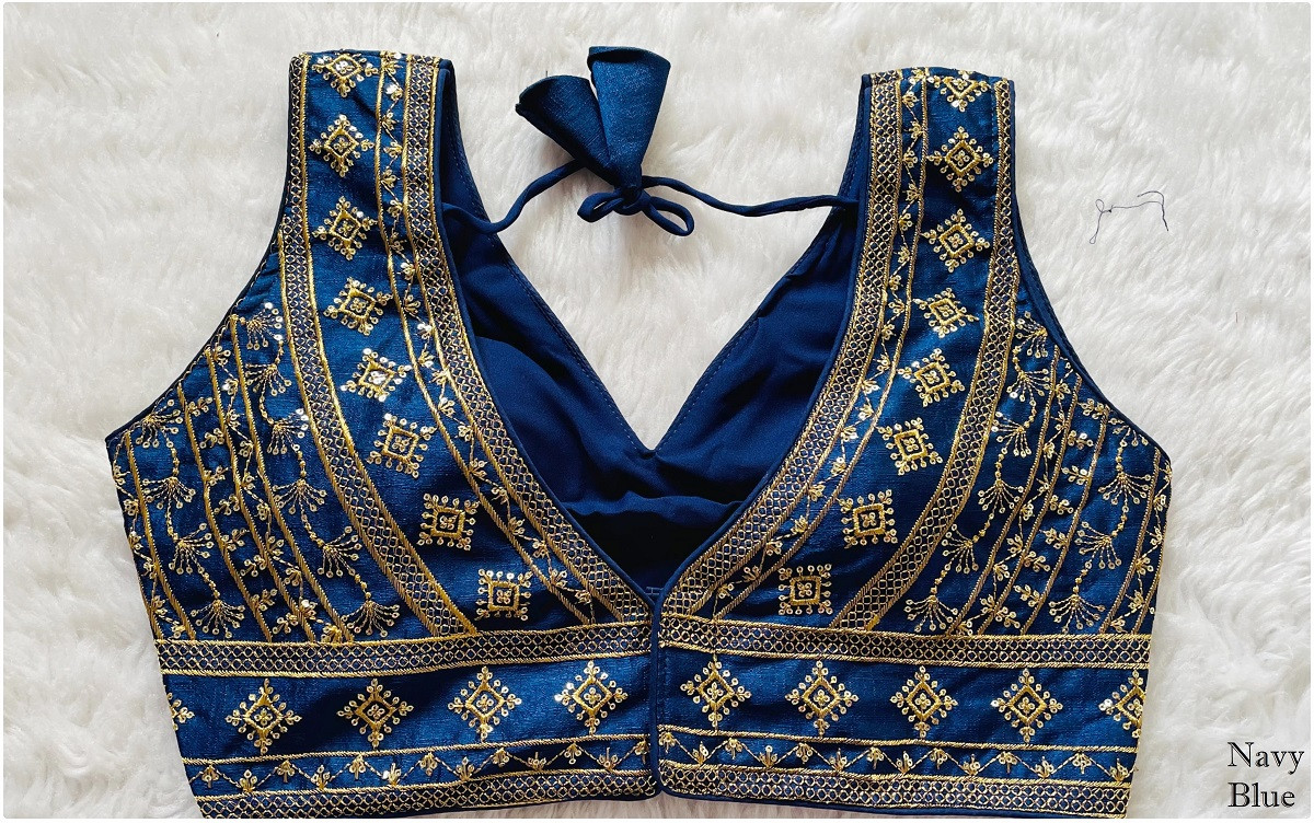 Embroidered Phantom Silk Designer Blouse - Navy Blue(XS)