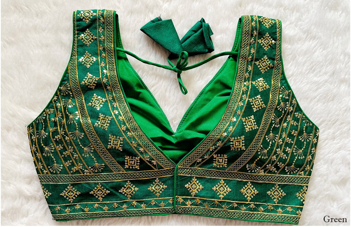 Embroidered Phantom Silk Designer Blouse - Green(XS)