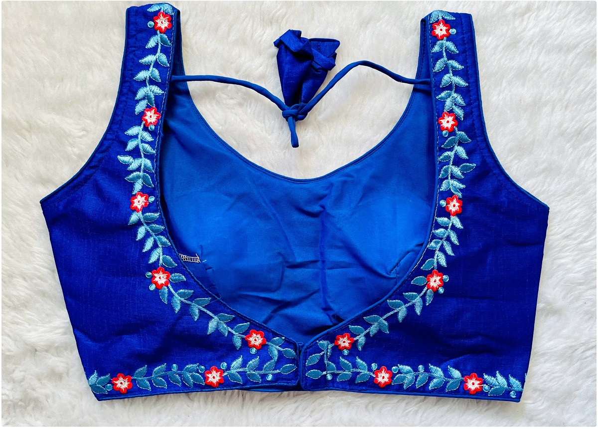Embroidered Phantom Silk Designer Blouse - Royal Blue