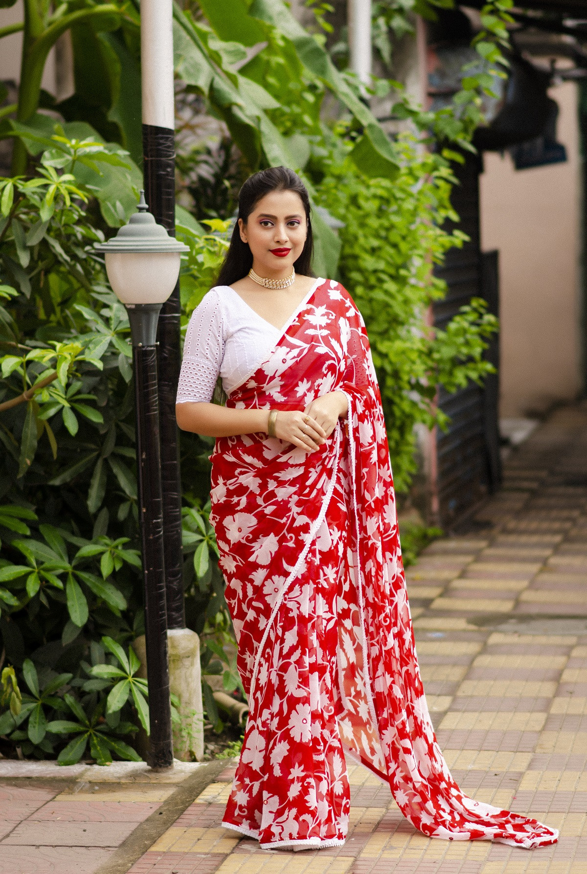 Pure Soft georgette Printed saree with mirror Work - Red