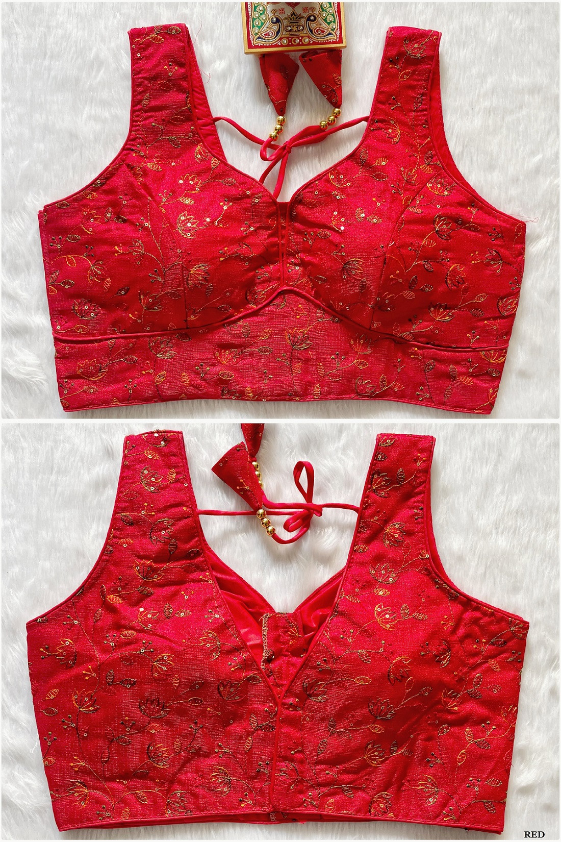Multi Thread Sequence Embroidered Designer Blouse - Red(XS)