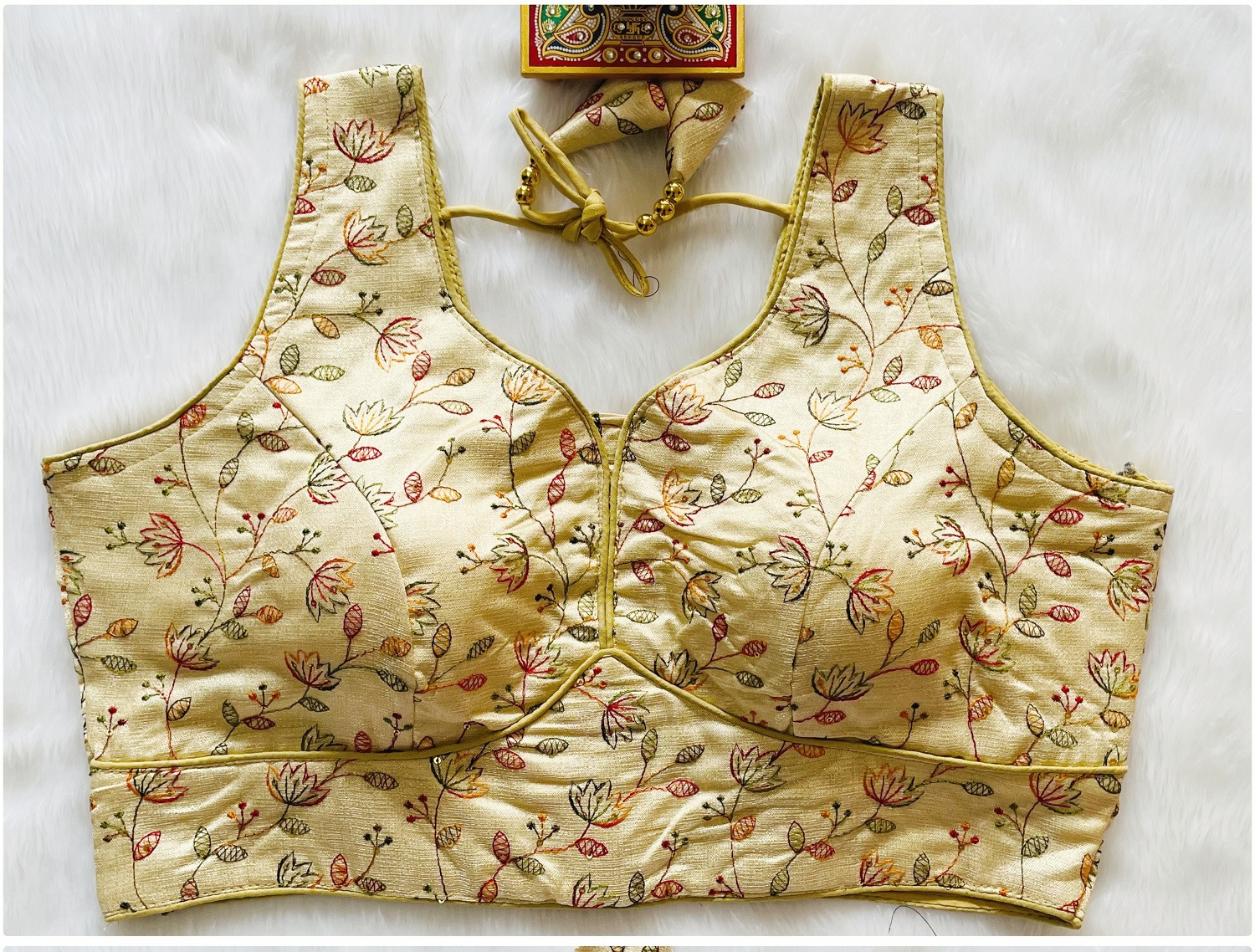 Multi Thread Sequence Embroidered Designer Blouse - Gold(XS)