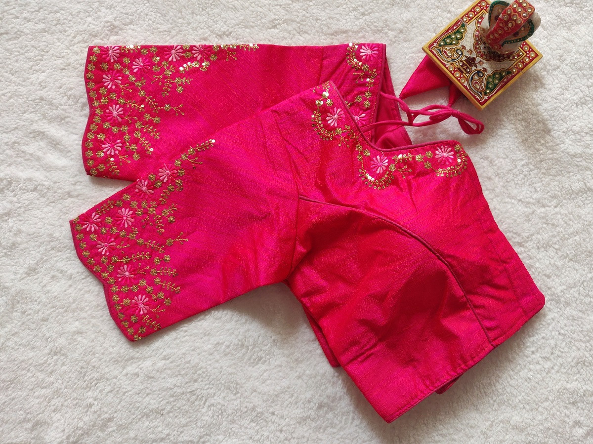 Phantom Silk Embroidered Designer Blouse - Pink(XS)