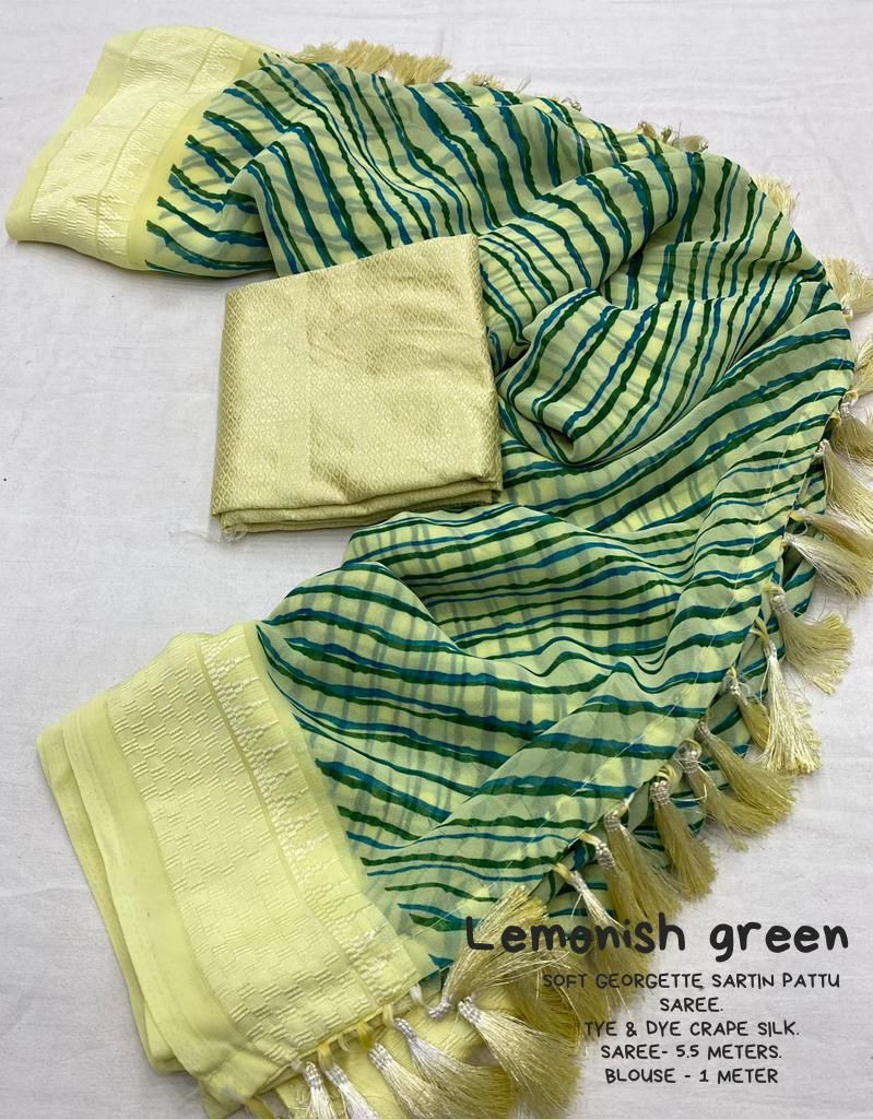 Pure Soft georgette Lehariya Printed saree with Woven  border - Green