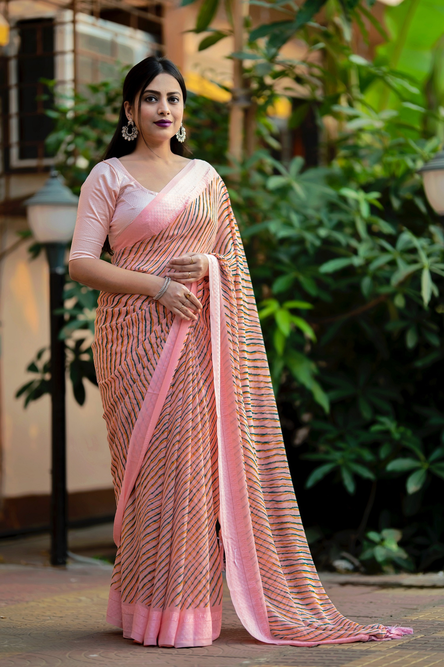 Pure Soft georgette Lehariya Printed saree with Woven  border - Peach