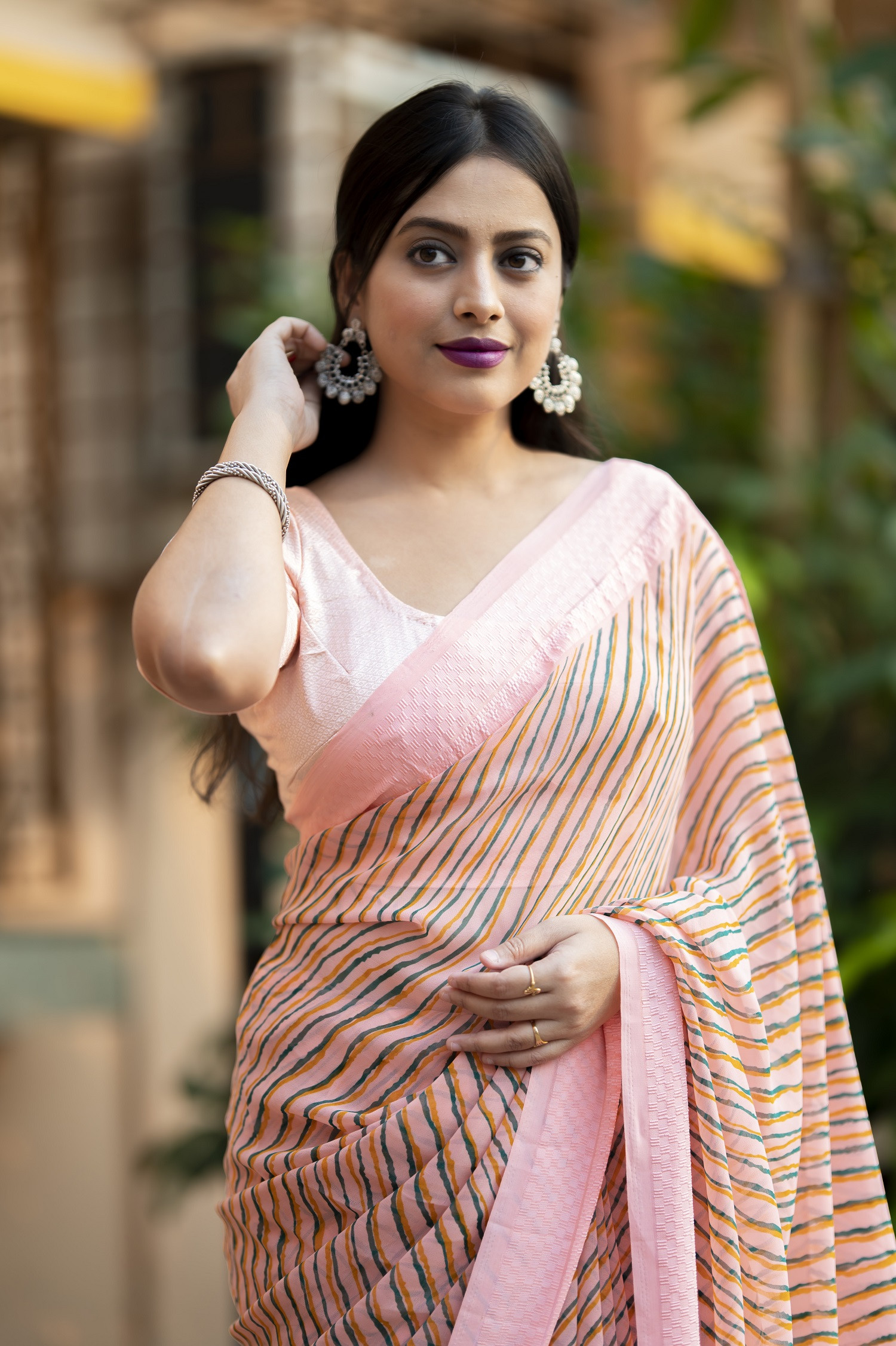 Pure Soft georgette Lehariya Printed saree with Woven  border - Peach