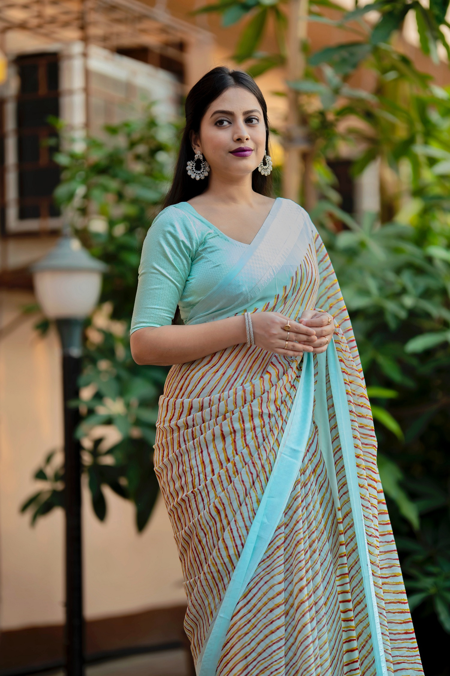 Soft georgette Lehariya Printed saree with Woven border - Mint Green