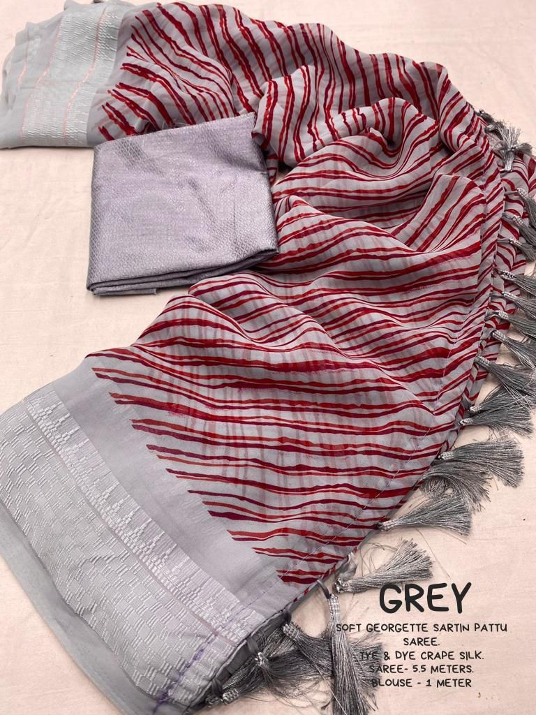 Pure Soft georgette Lehariya Printed saree with Woven  border - Grey