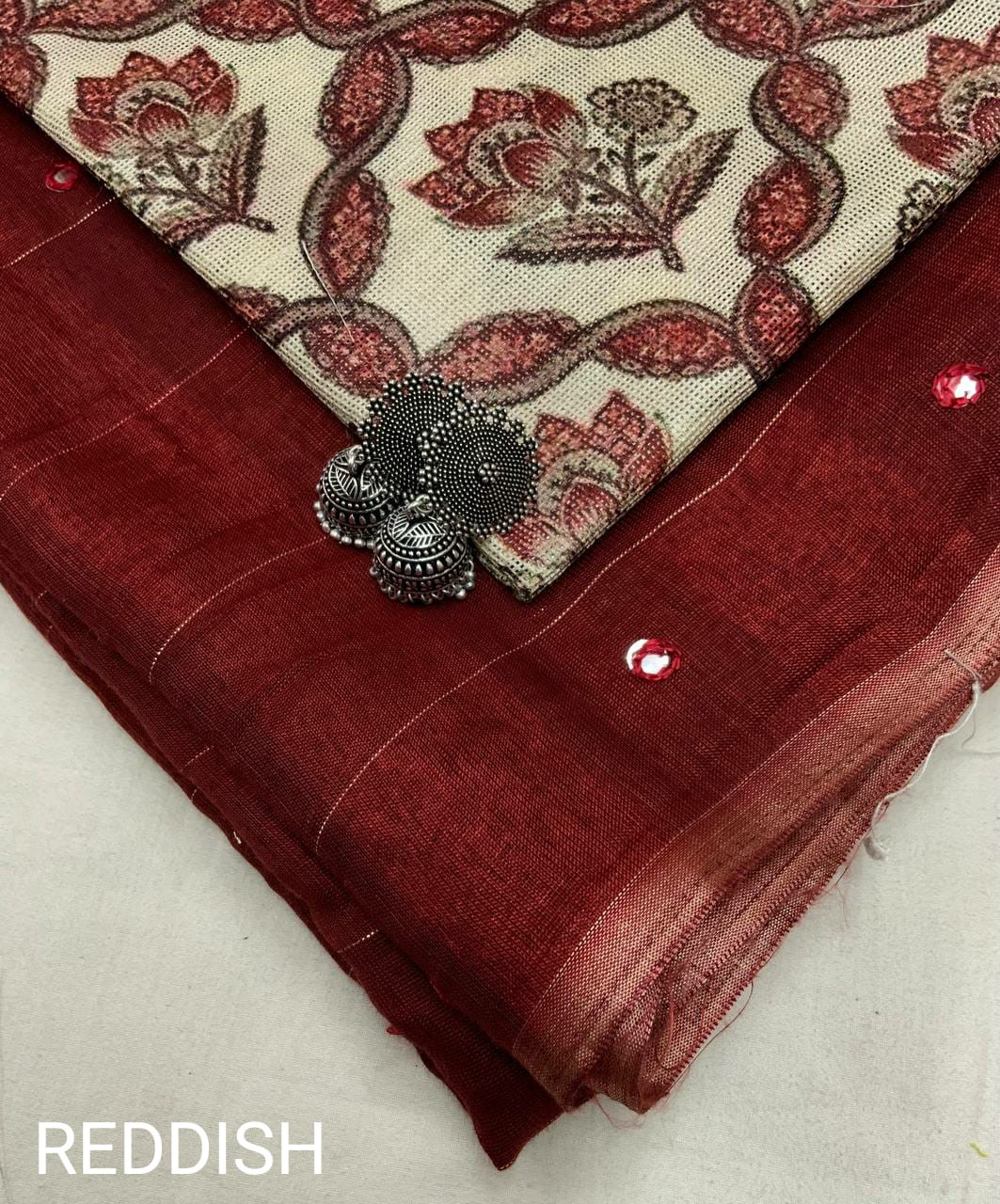Pure Linen Silk Saree with Embroidery work - Maroon