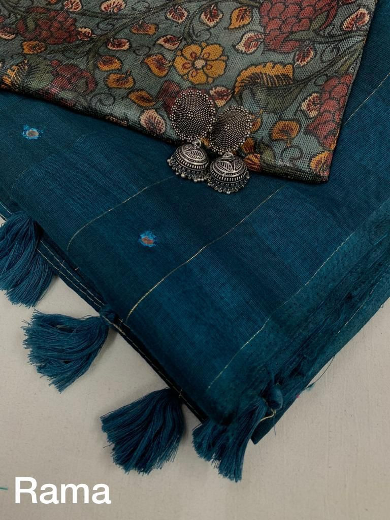 Pure Linen Silk Saree with Embroidery work - Blue