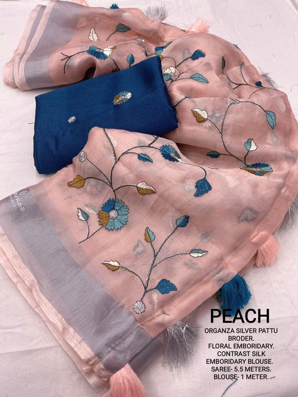 Pure soft Organza Designer saree with Embroidery Work -Peach