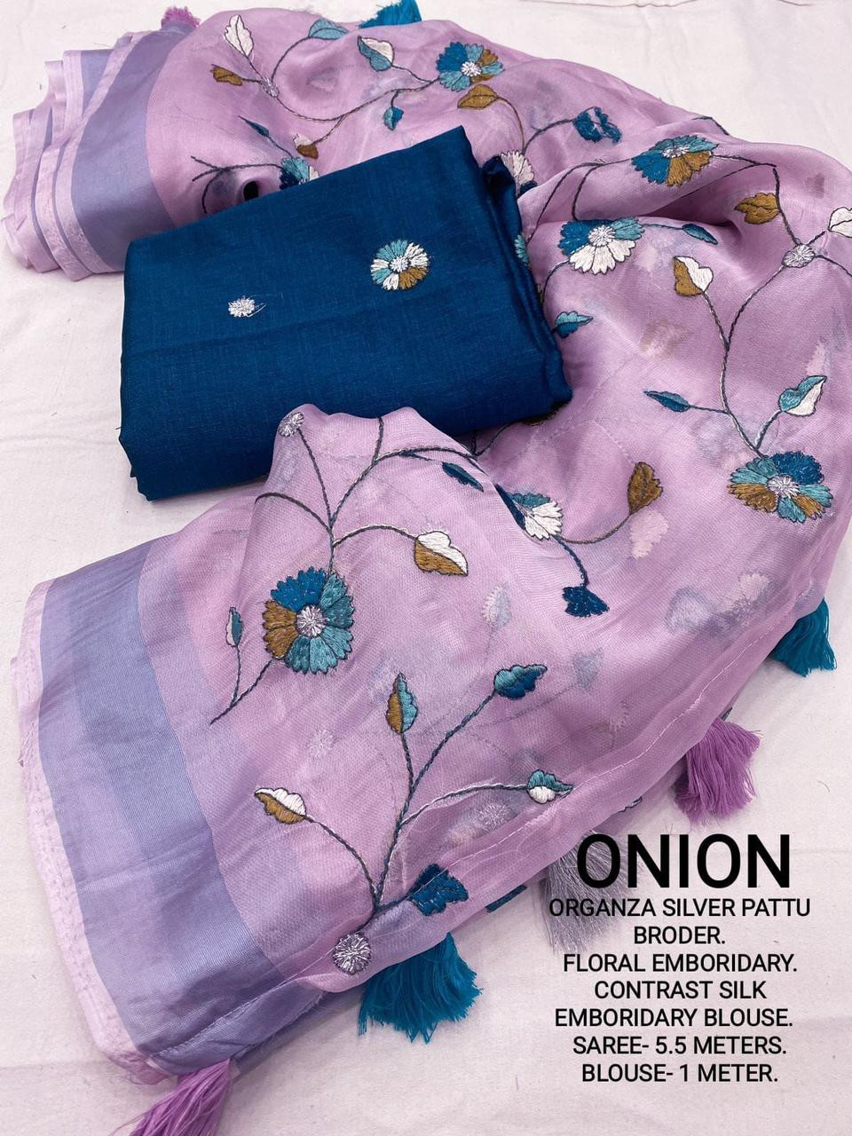 Pure soft Organza Designer saree with Embroidery Work -Purple