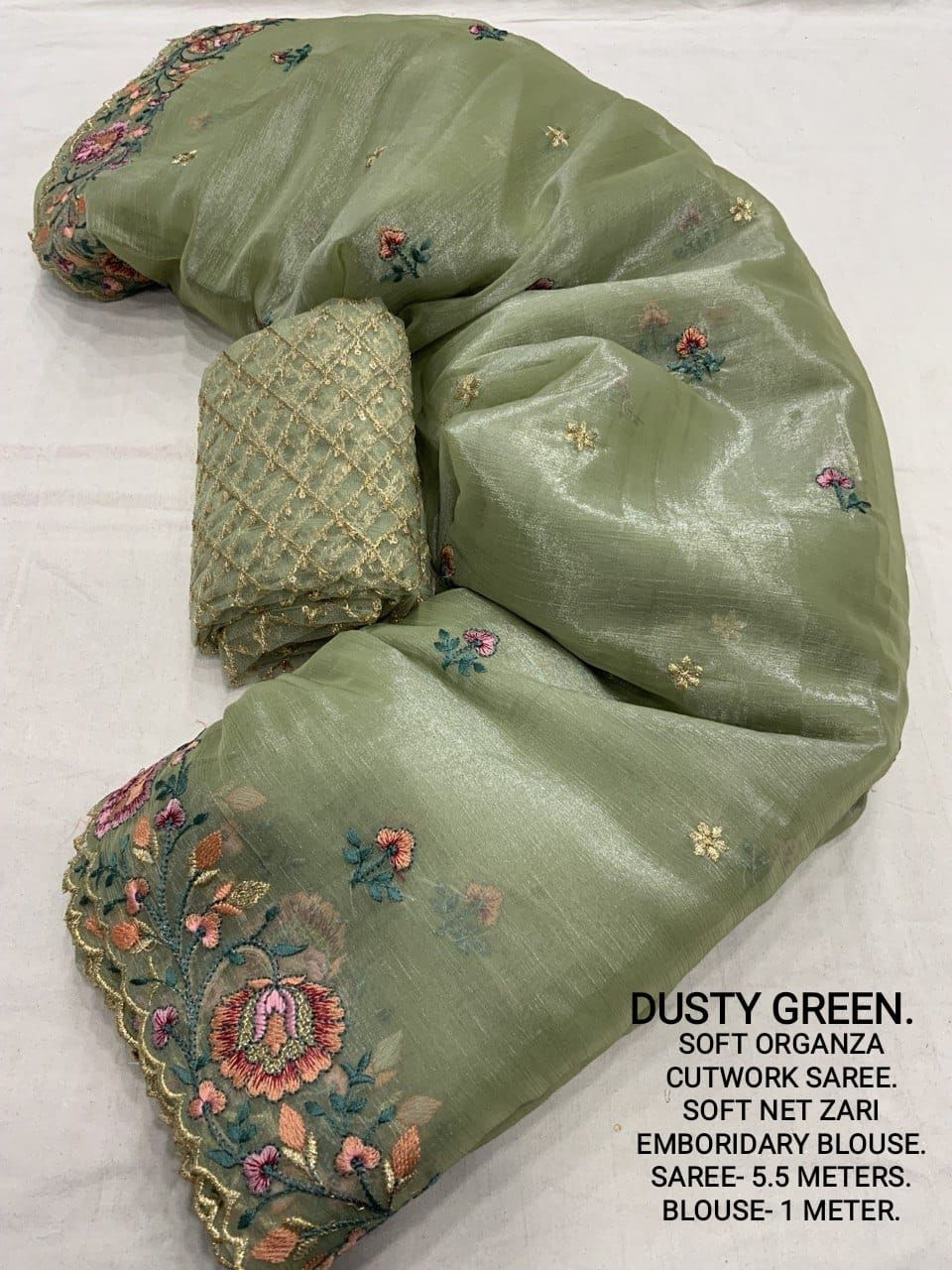 Soft Organza Designer saree with Multi thread Embroidery Work - Green