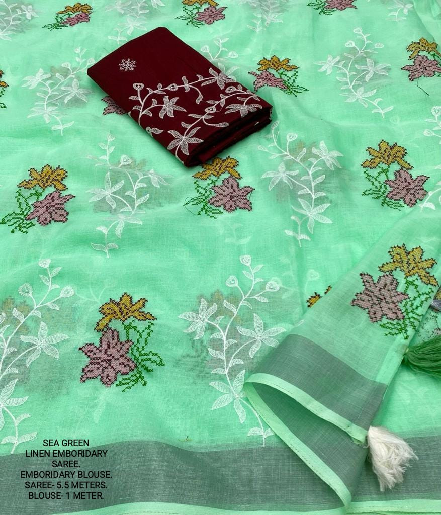 Pure Linen saree with Multi thread Embroidery Work - Green