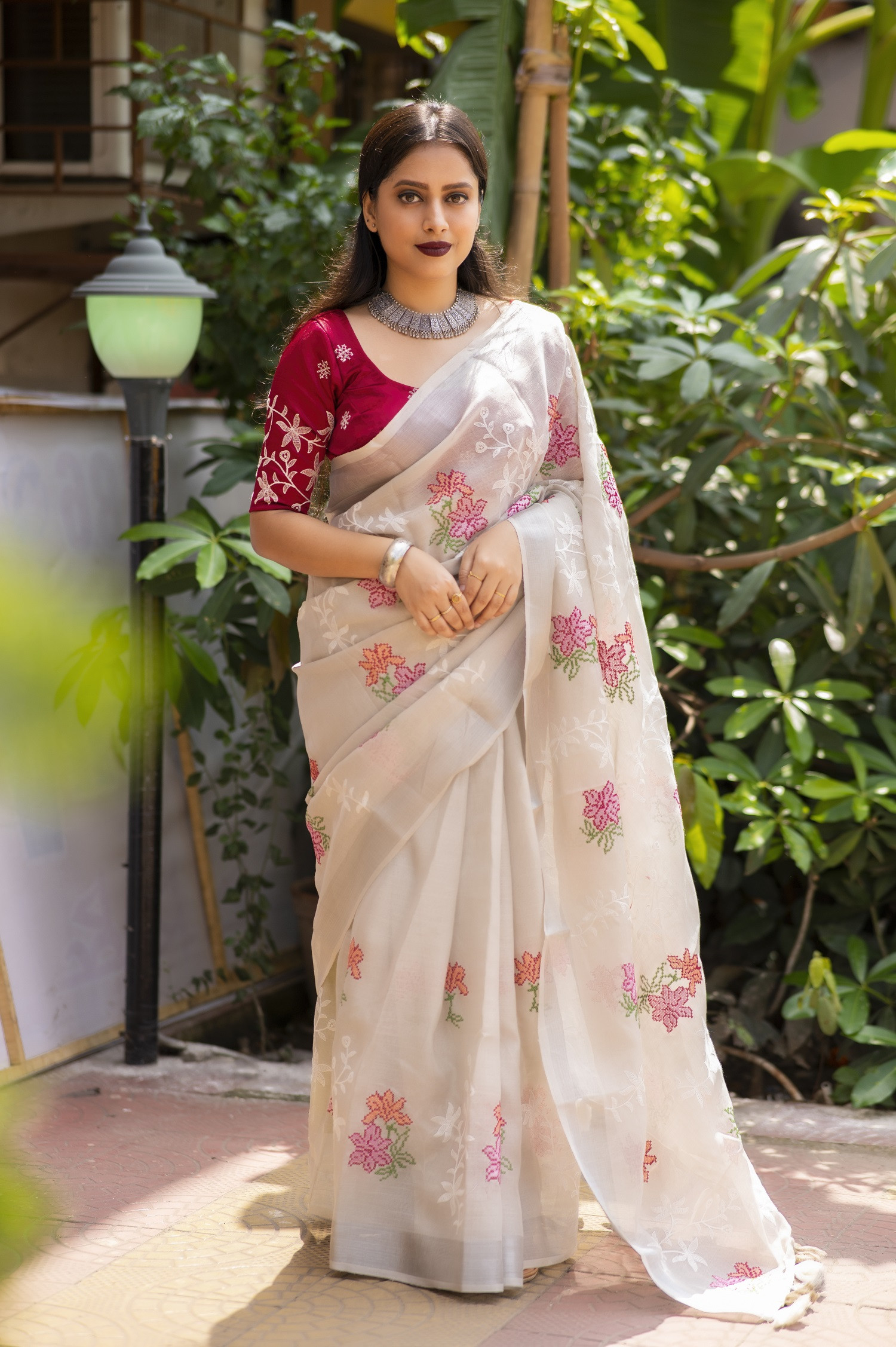 Pure Linen saree with Multi thread Embroidery Work - Grey
