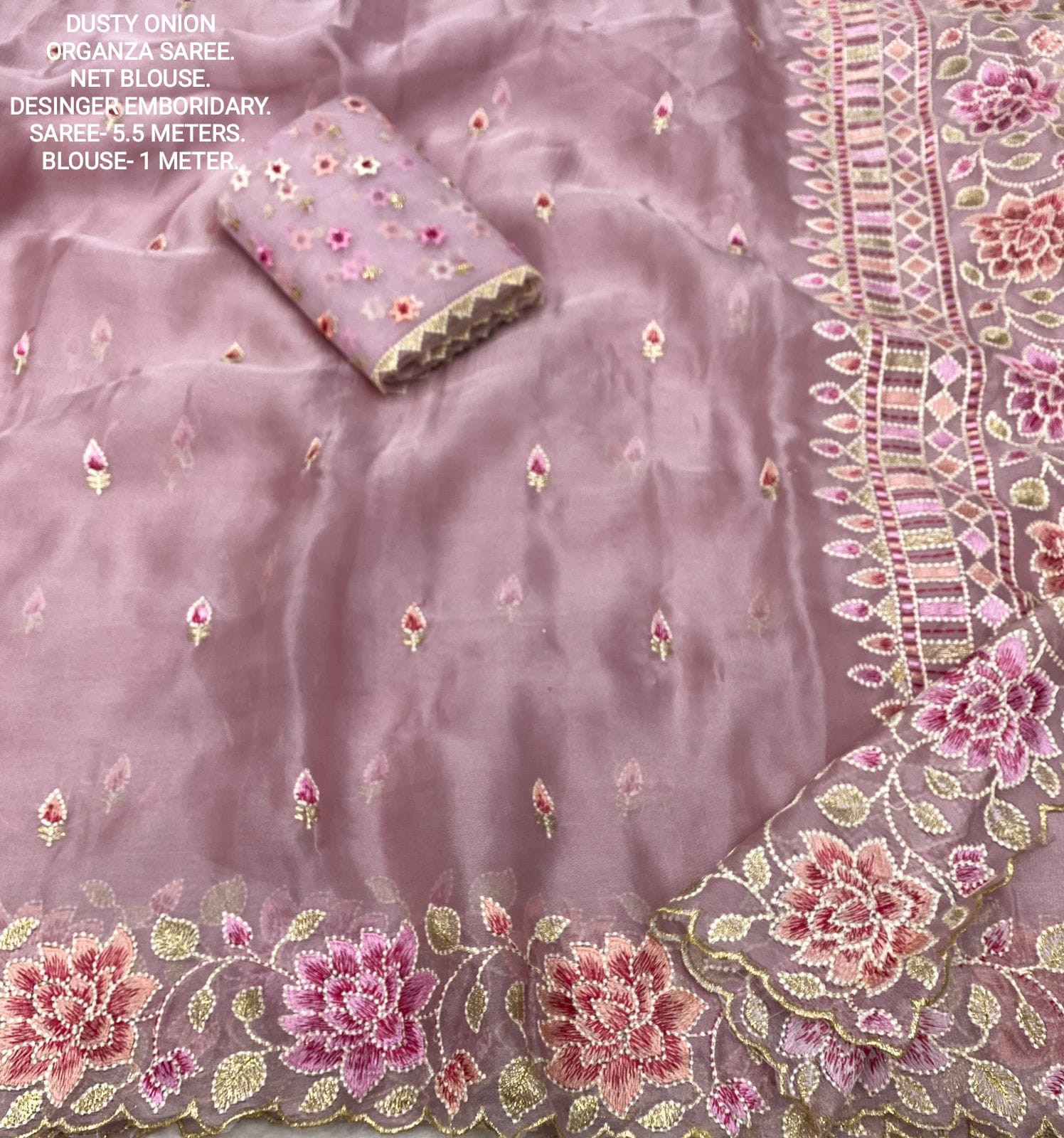 Designer soft Organza saree with Multi thread Embroidery Work - Onion