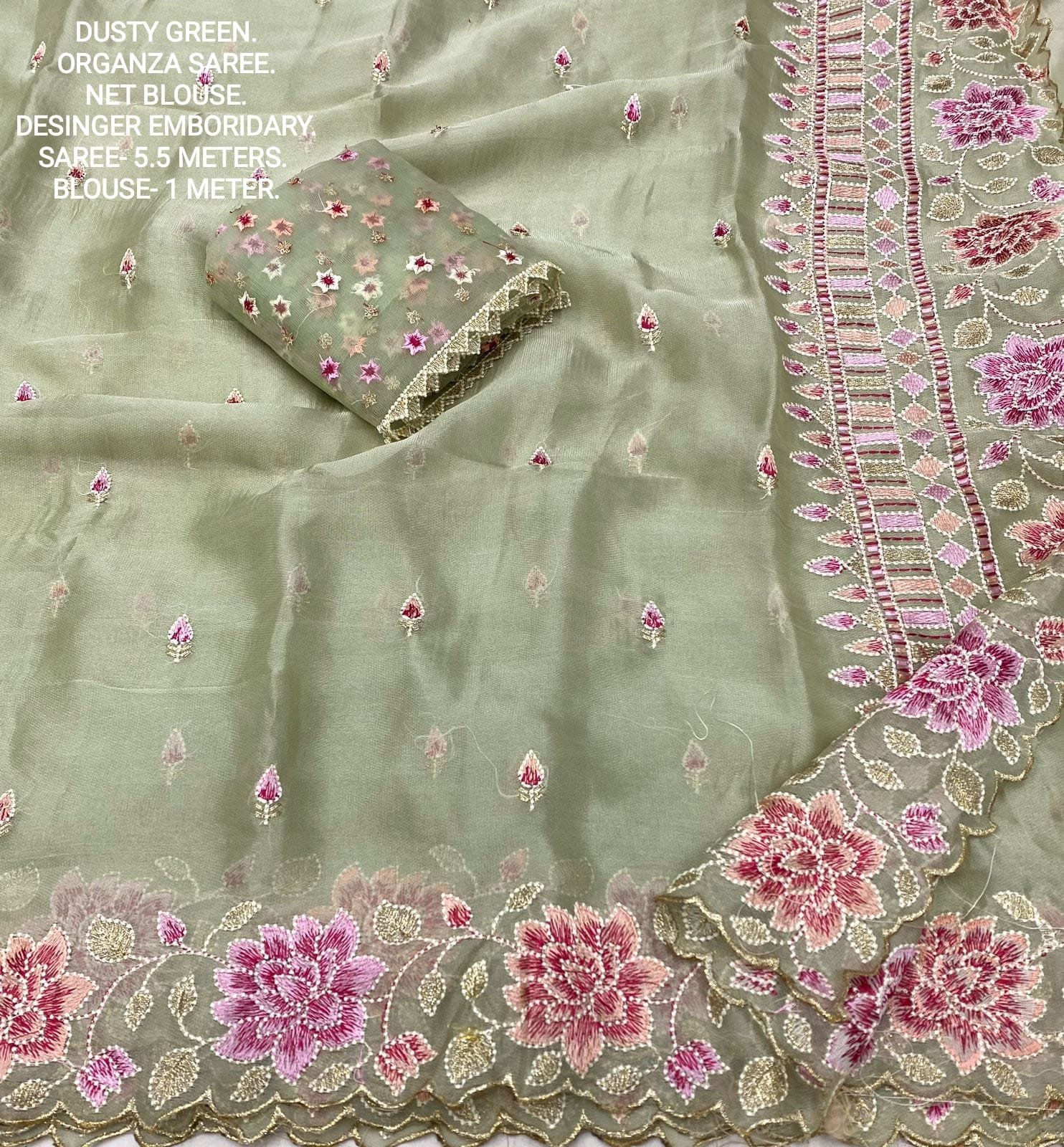 Designer soft Organza saree with Multi thread Embroidery Work - Green