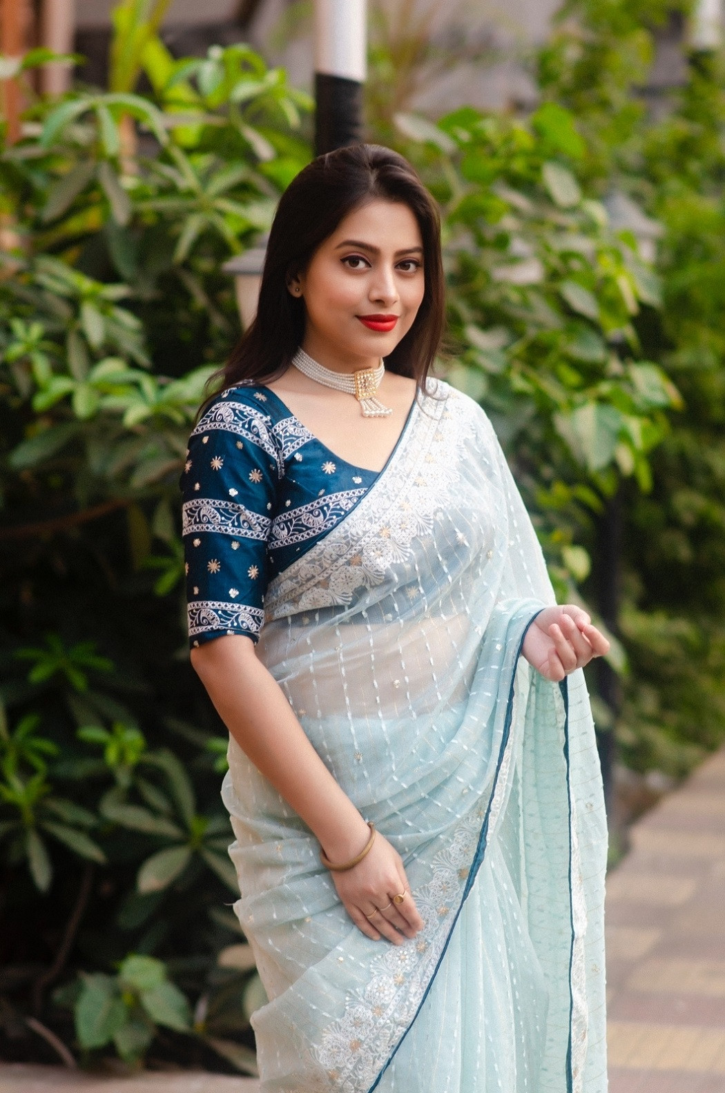 Designer soft Organza saree with Embroidery & Zari Work - Blue