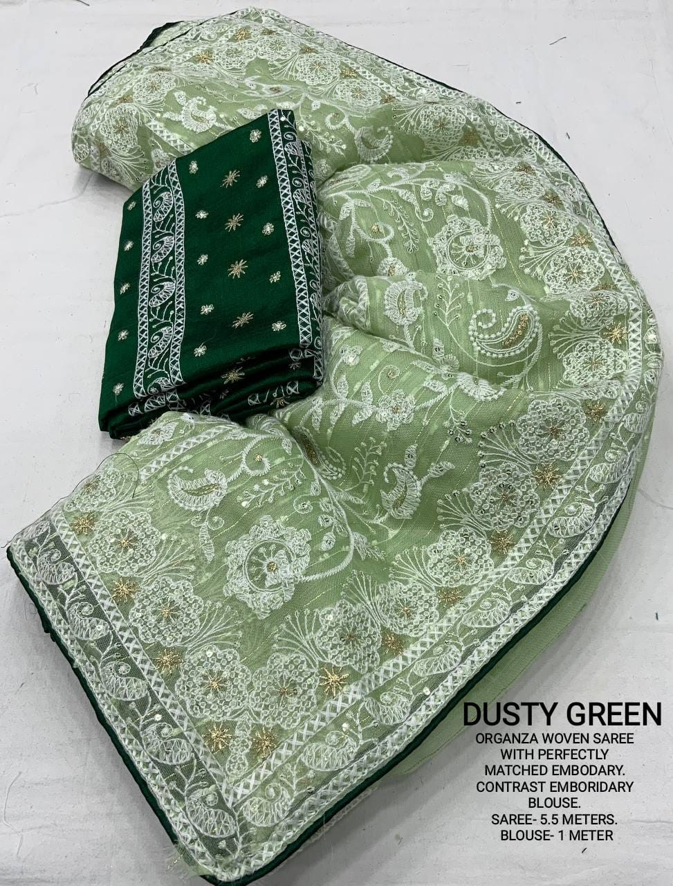 Designer soft Organza saree with Embroidery & Zari Work - Green