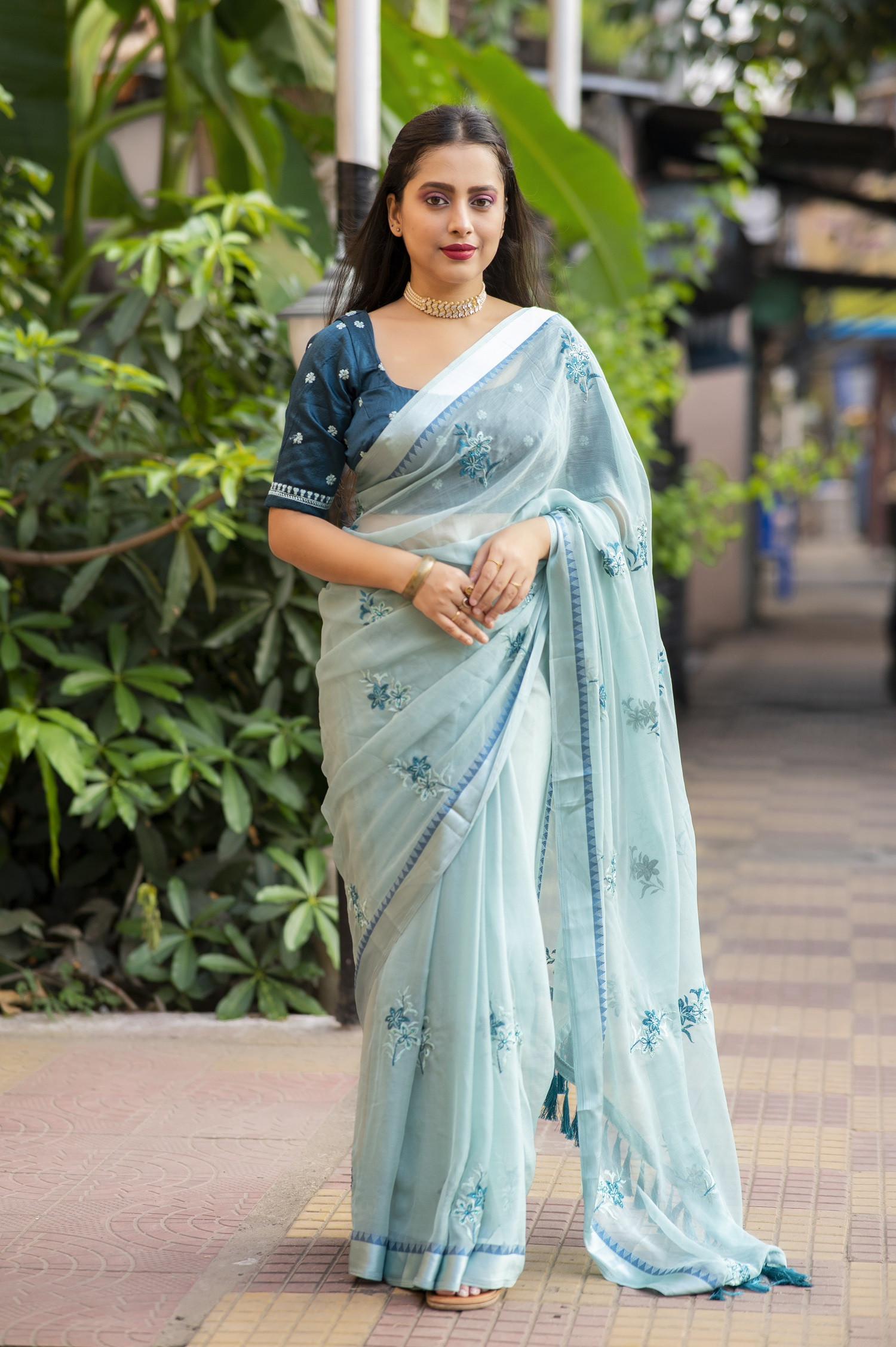 Designer soft Chiffon saree with Embroidery & stone Work - Dusty Blue