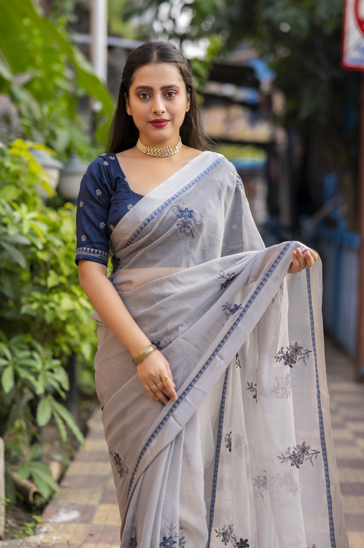 Designer soft Chiffon saree with Embroidery & stone Work - Soft Grey