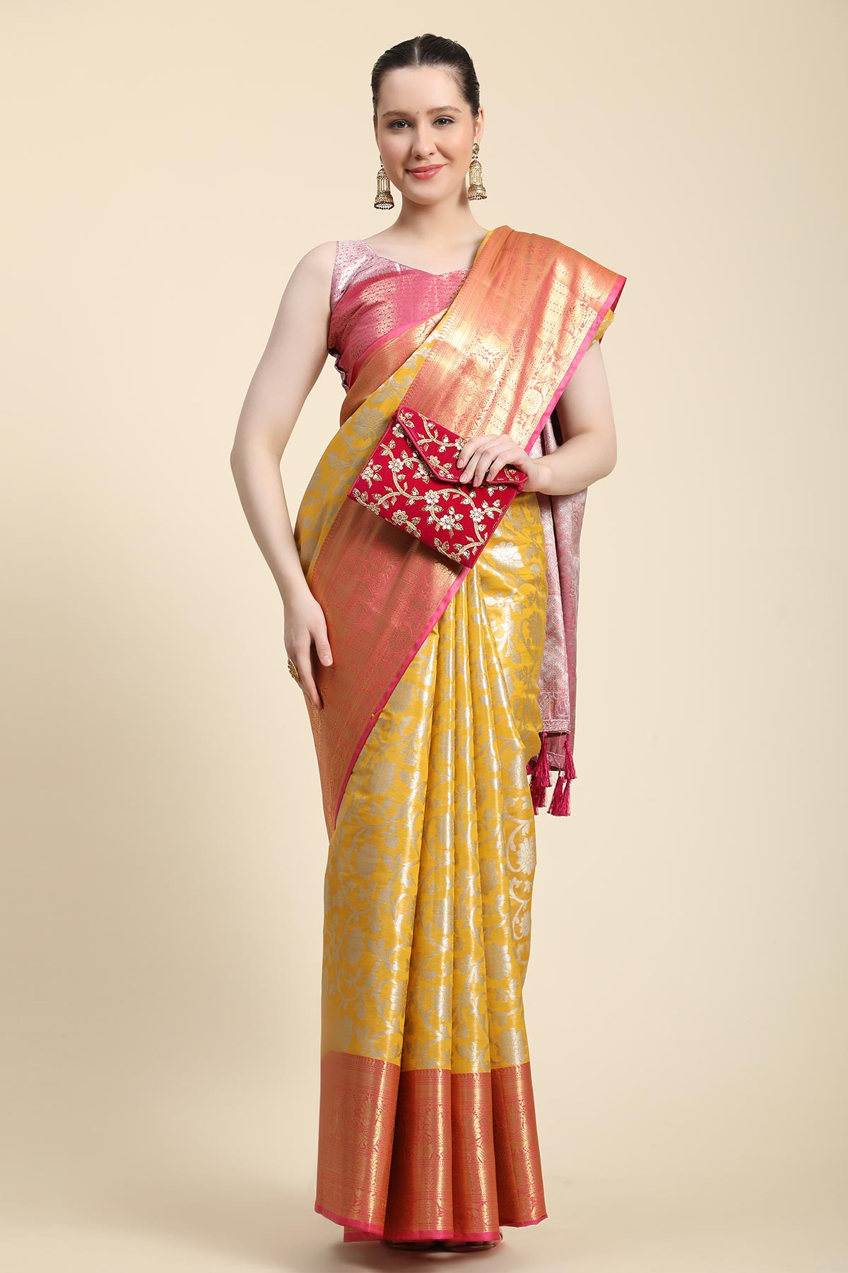 Tissue Silk Saree With Zari Woven Jaal & Contrast Rich pallu  - Yellow