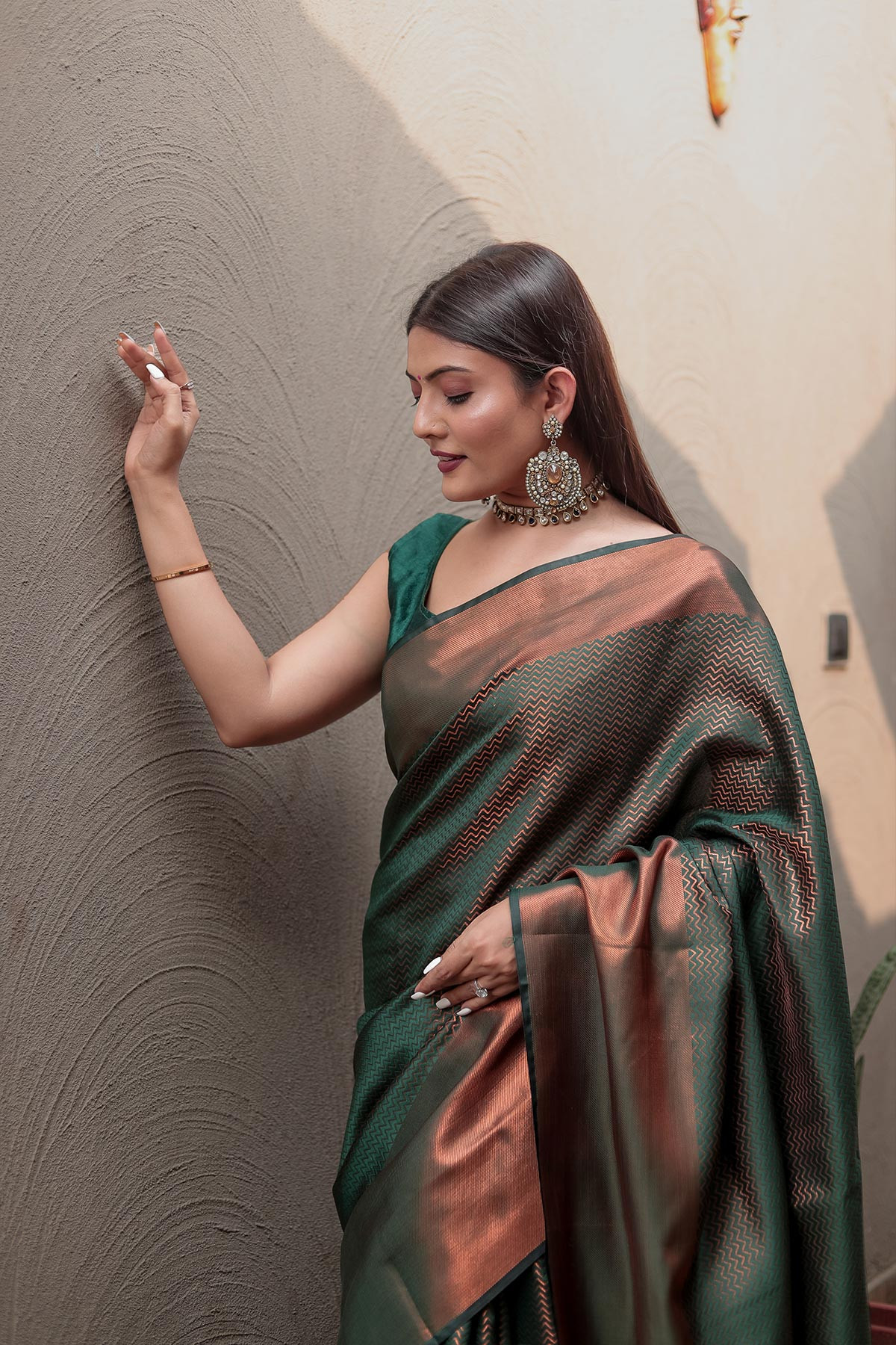 Kanjeevaram Silk Saree with Copper zari Woven &rich pallu - Green