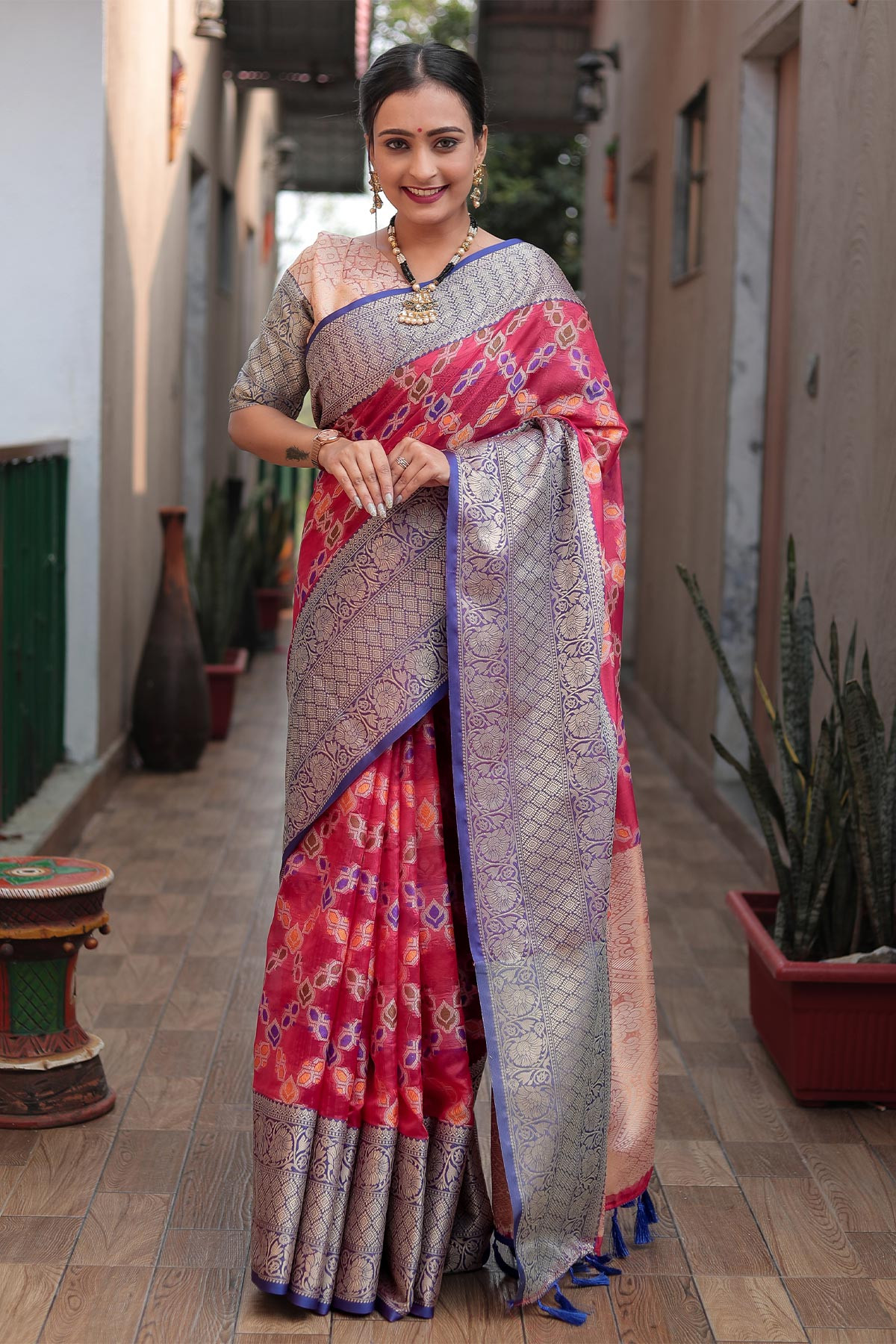 Banarasi Soft Organza Saree with Zari Woven & Rich Pallu  - Pink