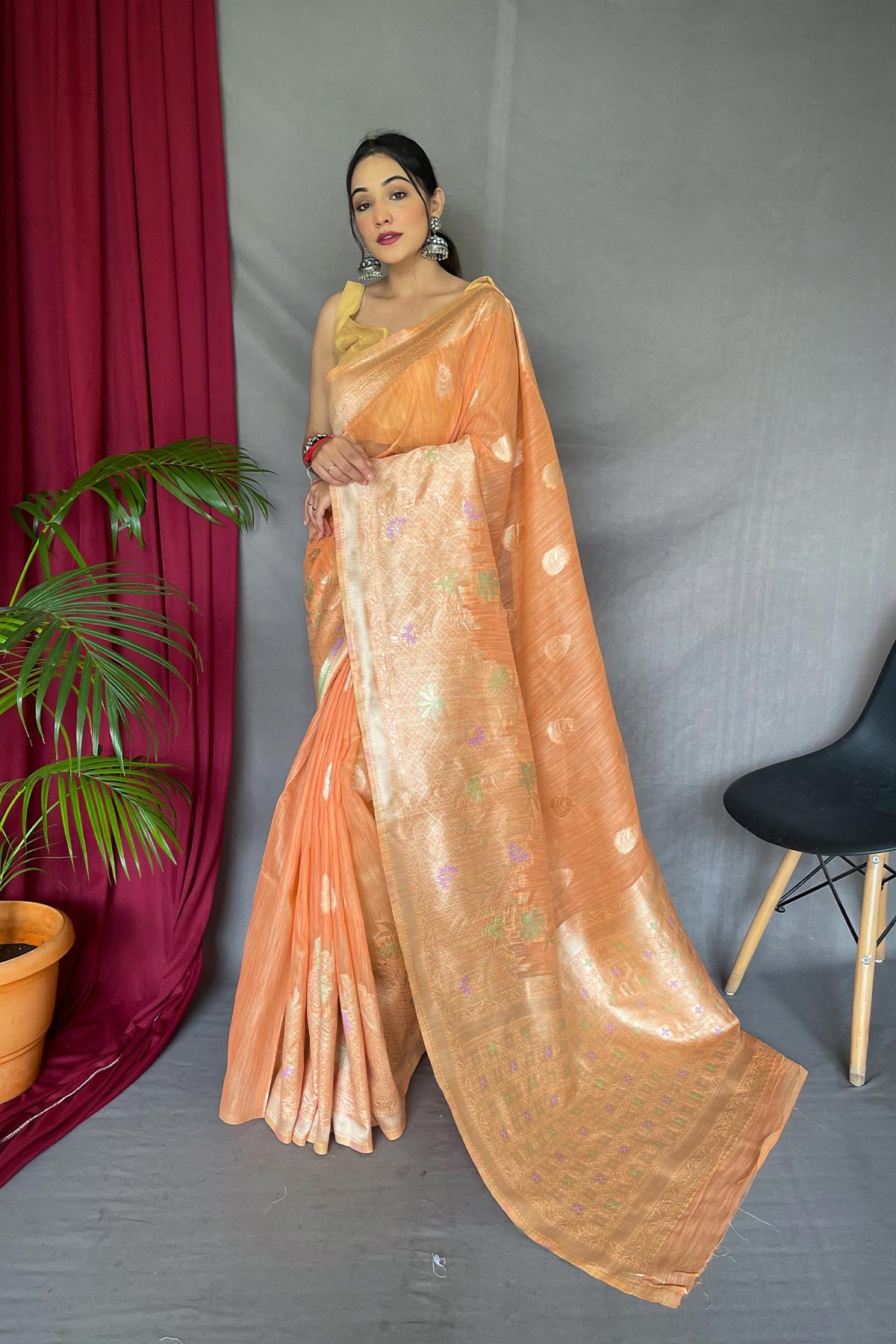 Pure Cotton Saree With Meenakari Woven Border and Rich Pallu -Orange