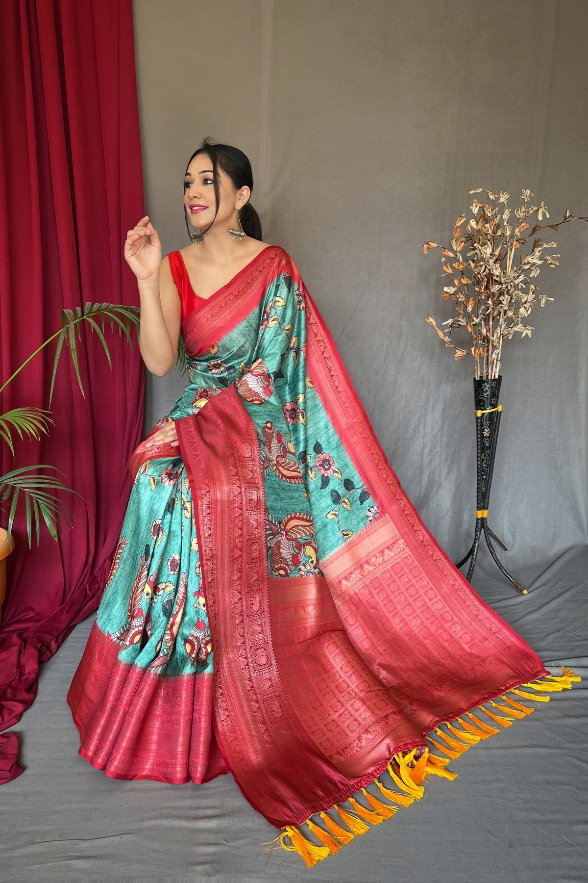 Banarasi Silk Saree with 3D Kalamkari Print attached by tassels -Blue