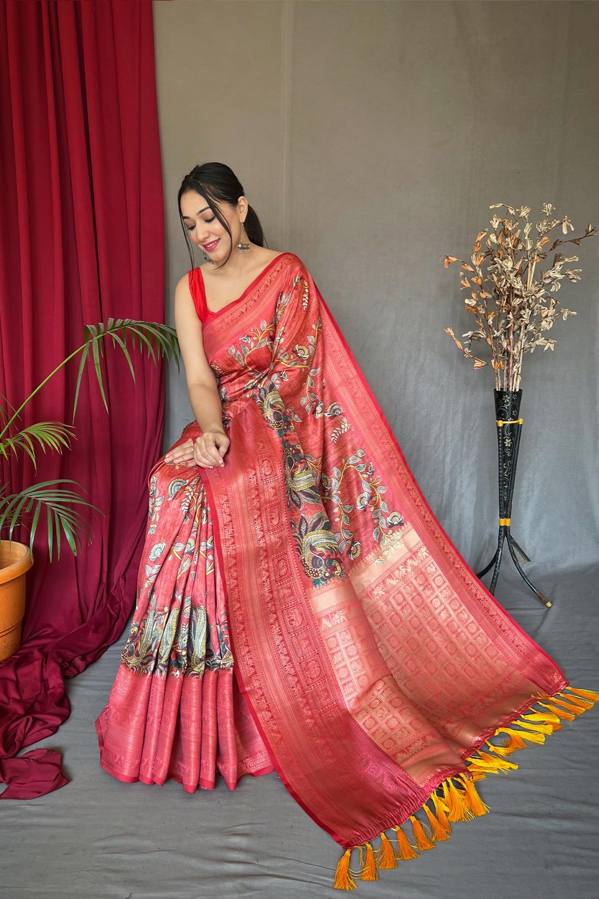 Banarasi Silk Saree with 3D Kalamkari Print attached by tassels -Pink