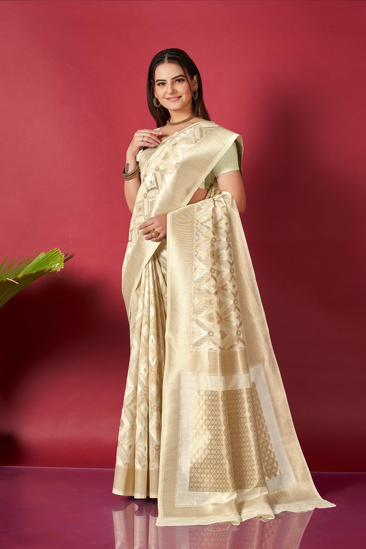Pure Soft Linen Saree With Zari Woven border and Rich Pallu -Cream