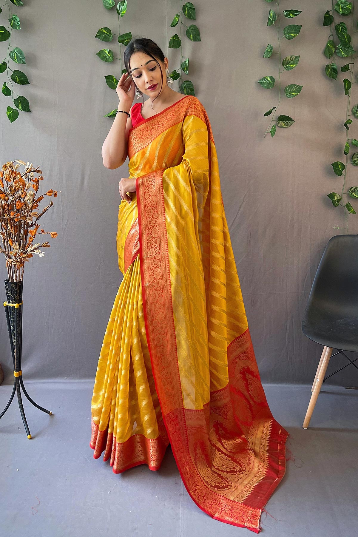 Banarasi Organza Saree with Zari Leheriya Weave & Rich Pallu  - Yellow
