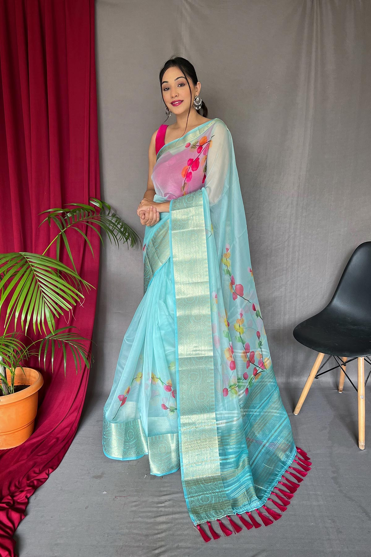 Organza Digital Printed Saree With Zari Woven and Rich Pallu - Blue