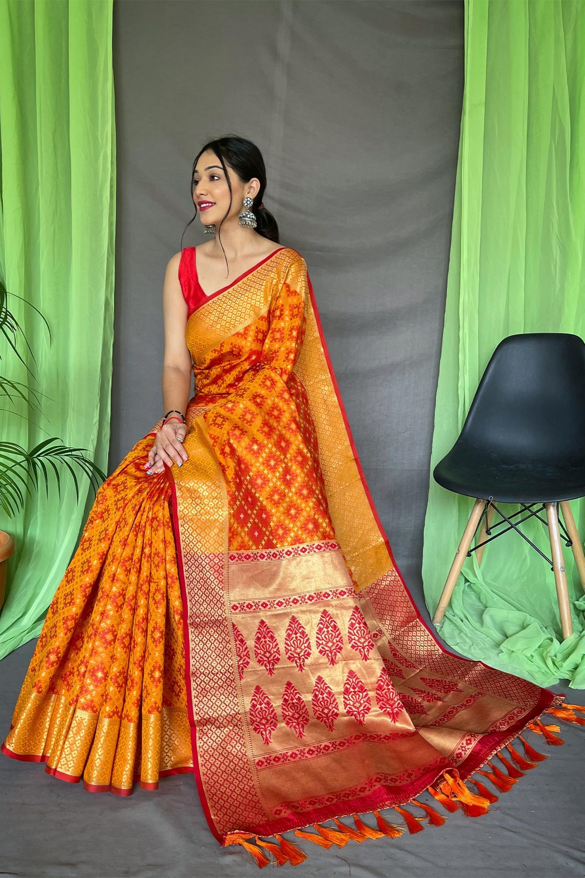 Patola Silk Saree With Gold Zari Woven Contrast Rich Pallu - Orange