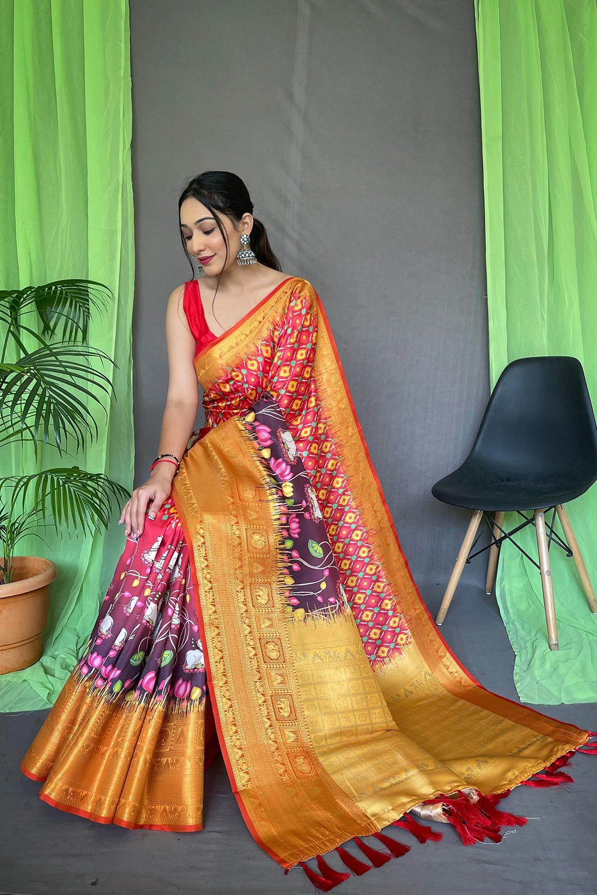 Soft Silk Saree With Ajrakh kalamkari print With Rich Pallu - Red