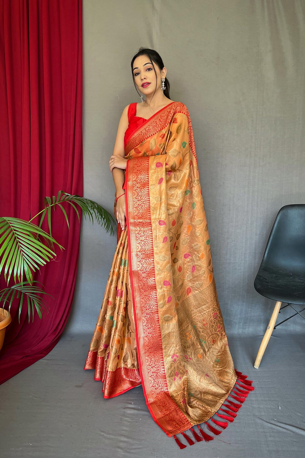 Kanjeevaram Tissue Silk With Meenakari Jaal Woven& Rich Pallu - Orange